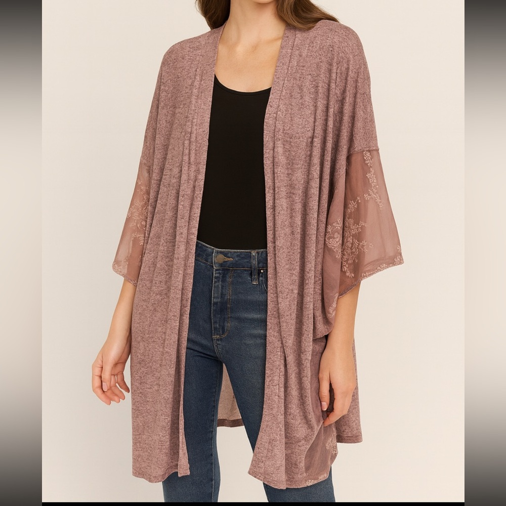 Mystree Mauve Open Front Kimono Cardigan with Sheer Embroidered Sleeves
